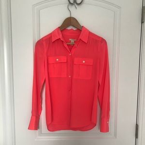 J. Crew neon silk cargo blouse